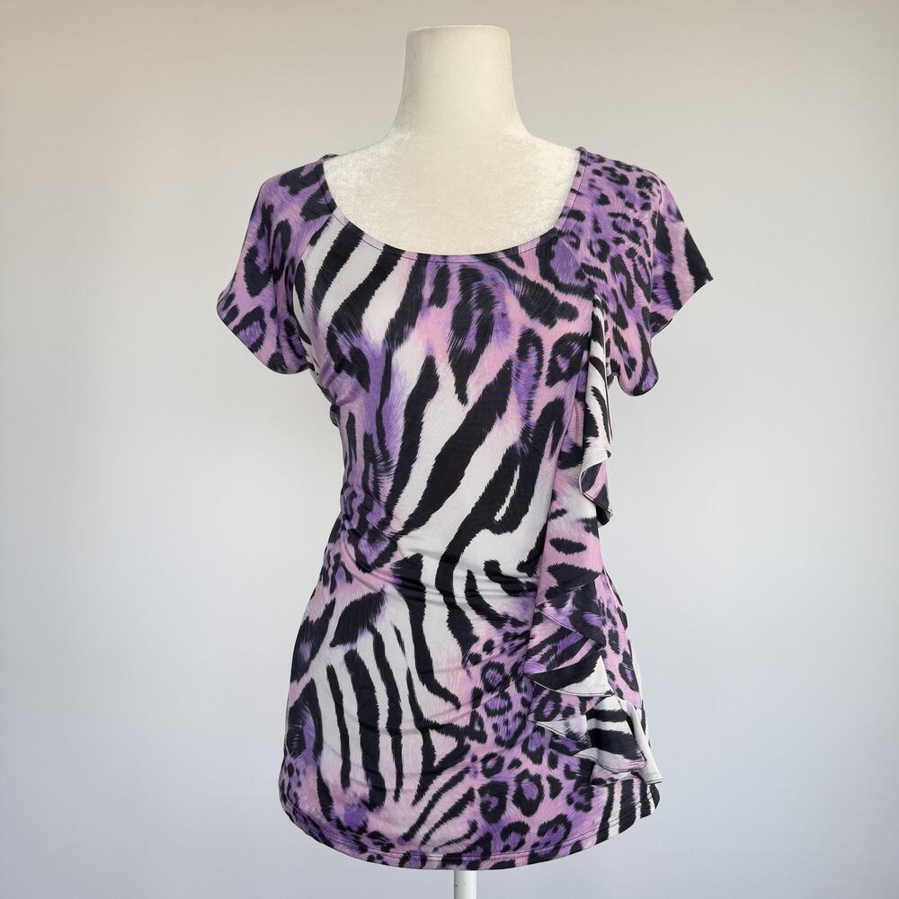 Marc Bouwer Tunic Blouse Womens M Purple Animal Print Ruffle Scoop Neck Top
